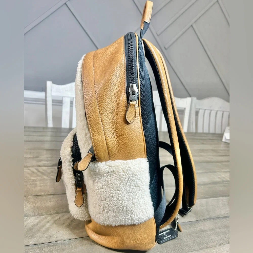 Coach Tan Shearling Motif West Backpack Bag CE437 Ginger Pebble Leather